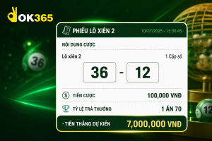 Phiếu lô xiên 2 hiển thị hai con số được chọn, tiền cược và tỷ lệ trả thưởng,